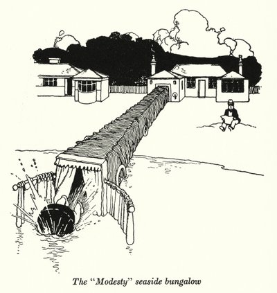 "Modesty" sahil bungalovu (litho) by William Heath Robinson