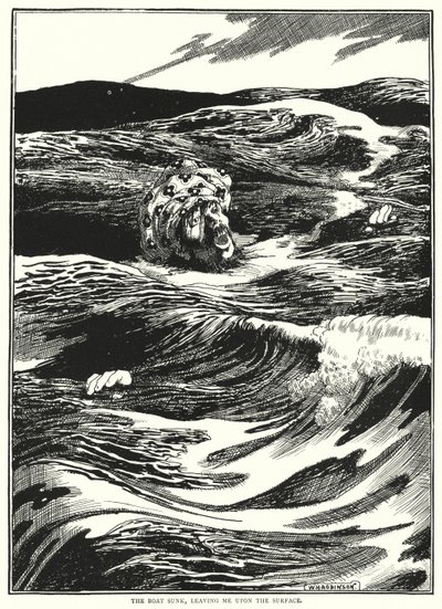 Tekne battı, beni yüzeyde bıraktı (gravür) by William Heath Robinson