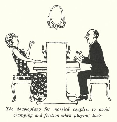 Evli çiftler için, düet (lito) oynarken kramp ve sürtünmeyi önlemek için çift piyano by William Heath Robinson