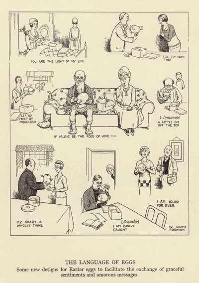 Yumurtaların dili, zarif duyguların ve aşk mesajlarının değişimini kolaylaştırmak için Paskalya yumurtaları için bazı yeni tasarımlar by William Heath Robinson