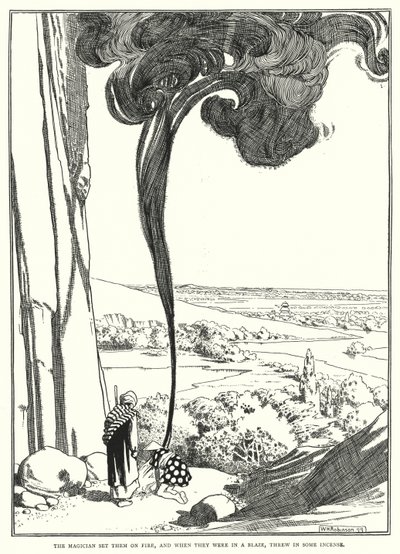 Sihirbaz onları ateşe verdi ve alevler içinde olduklarında biraz tütsü (gravür) attı. by William Heath Robinson