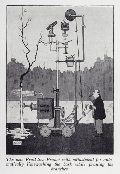 Dalları budarken kabuğu otomatik olarak kireçle yıkamak için ayarlı yeni Meyve Ağacı Budayıcı (lito) by William Heath Robinson