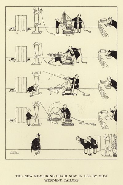 Yeni ölçüm sandalyesi artık çoğu batı ucundaki terzi tarafından kullanılıyor by William Heath Robinson