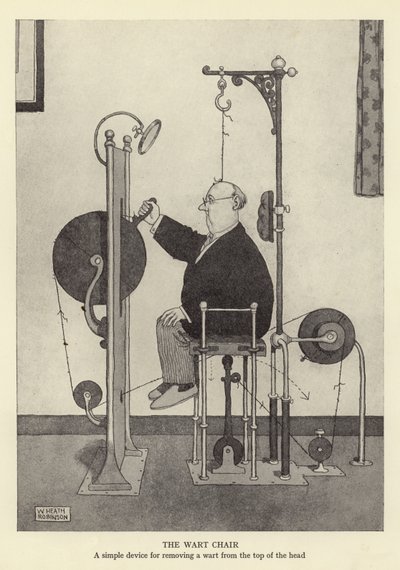 Siğil sandalyesi, başın üstünden bir siğil çıkarmak için basit bir cihaz by William Heath Robinson