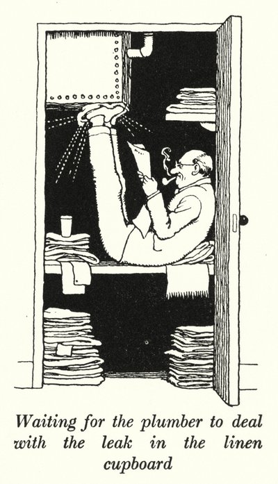 Çamaşır dolabındaki sızıntı ile tesisatçının ilgilenmesini beklemek (lito) by William Heath Robinson