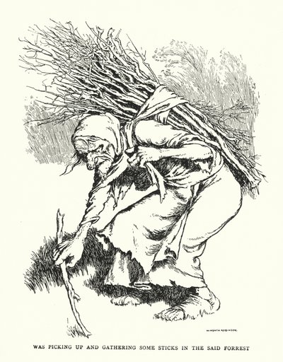Söz konusu ormanda (lito) bazı çubukları alıp topluyordu by William Heath Robinson