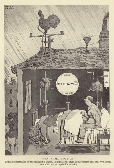 Değişken mevsim için, havanın durumunu ve sabah kalktığınızda ne giymeniz gerektiğini belirtmek için Başucu düzeneğine ne koyayım? by William Heath Robinson
