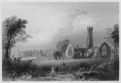 Augustinian Manastırı, Adare, Fitzgeralds Kalesi ve Francescan Manastırı ile (gravür) by William Henry (after) Bartlett
