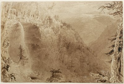 Kaaterskill Falls from the Ravine, Catskill Mountains, New York: Study for an Engraving, 1836 (kağıt üzerinde beyaz kabartma dokunuşlarla kahverengi mürekkep yıkama, kart üzerine yerleştirilmiş) by William Henry Bartlett