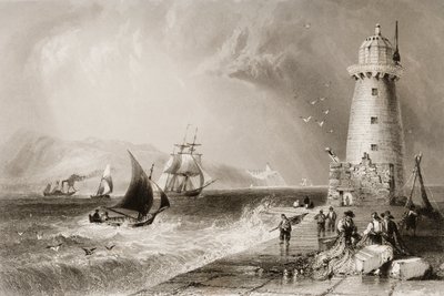 Uzakta Howth Tepesi ile Güney Duvarı Deniz Feneri, Dublin, George Virtue, 1860