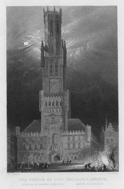Borsa Kulesi, Bruges (gravür) by William Henry Bartlett
