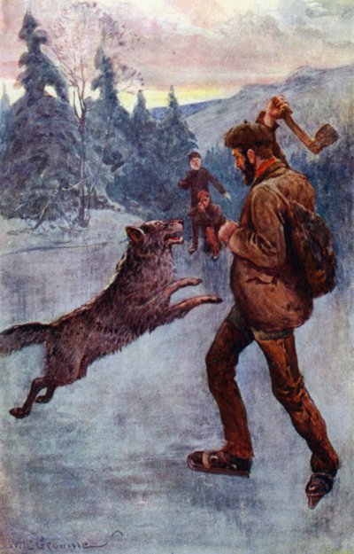 "Ateş etti ve vahşi, baharını yaptığı an, hırlayarak ve tıslayarak yere düştü" (renkli lito) by William Henry Charles Groome
