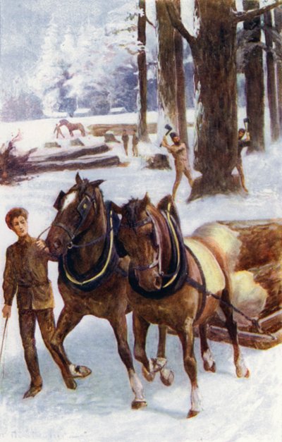 "Bazıları ağaç kesmekle uğraşıyor, diğerleri sert kar üzerinde kızaklara yerleştirilmiş gövdeleri sürükleyen atlarla" (renkli taş) by William Henry Charles Groome