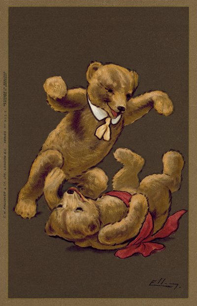 Kız ve erkek oyuncak ayılar oynuyor (renkli taş baskı) by William Henry Ellam
