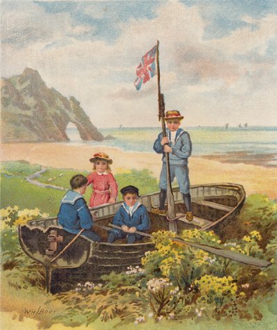 Sahilde bir teknede oynayan çocuklar (chromolitho) by William Henry James (after) Boot