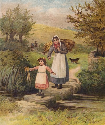 Basamak taşlarının üzerinden bir dereyi geçen kadın ve kız (chromolitho) by William Henry James (after) Boot