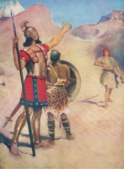 David ve Goliath, Thomas Nelson tarafından yayınlanan İncil Resimli Kitaptan, c.1950 by William Henry Margetson