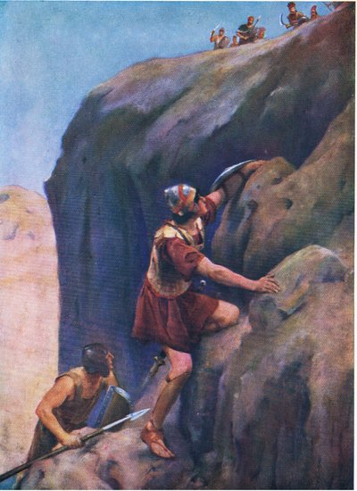 Jonathan ve zırh taşıyıcısı, Thomas Nelson tarafından yayınlanan İncil Resimli Kitaptan, c.1950 by William Henry Margetson