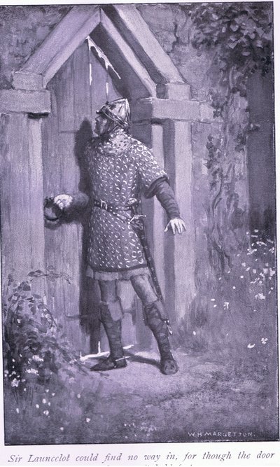 Sör Launcelot içeri girmenin bir yolunu bulamadı, çünkü kapı eski ve yıpranmış olmasına rağmen sıkıca tutuluyordu. by William Henry Margetson