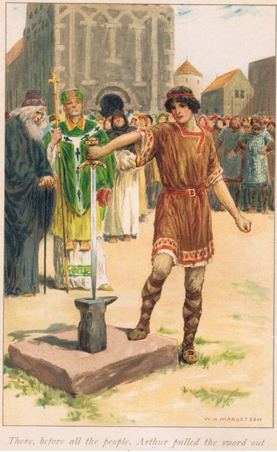 Orada herkesin önünde, Arthur kılıcı taştan çıkardı. by William Henry Margetson