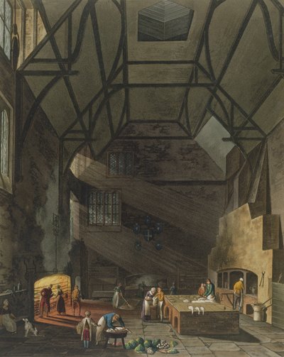 Mutfağın İçi, Trinity College, Cambridge, Cambridge Tarihinden, Joseph Constantine Stadler (fl.1780-1812) tarafından oyulmuş, pub. R. Ackermann, 1815 (renkli aquatint) by William Henry Pyne