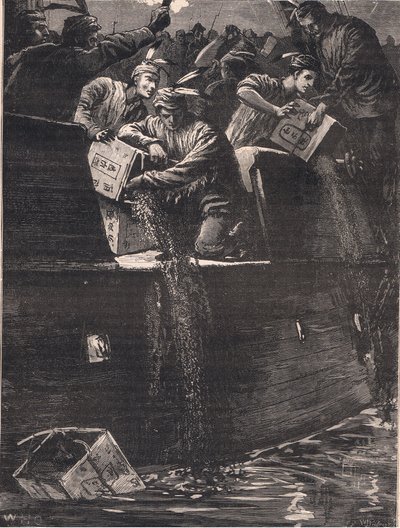 Kızılderili kılığına girmiş Bostonlı çocuklar, MS 1773'te çay sandıklarını limana atıyorlar. by William Heysham Overend