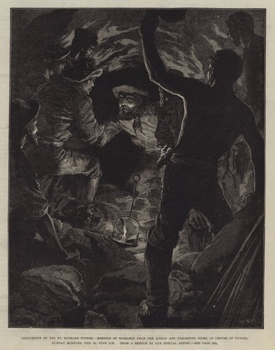 St Gothard Tüneli'nin Tamamlanması, Airolo ve Goschenen Taraflarından İşçilerin Buluşması, Tünel Merkezinde, 29 Şubat Pazar Sabahı, Sabah 9 by William Heysham Overend