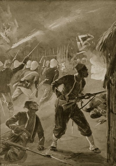 Bu bir gece saldırısıydı ve düşman onları uyurken yakalamıştı, Archibald Forbes, G.A. Henry ve Binbaşı Arthur Griffiths by William Heysham Overend