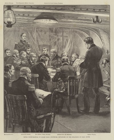 Naval Court-Martial on Board HMS Swiftsure, Devonport, on the Stranding of HMS Howe  by William Heysham Overend