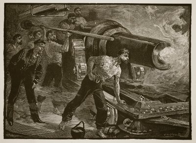 Deniz savaşı: WJ Palmer tarafından kazınmış bir geminin silahını çalıştırmak by William Heysham Overend