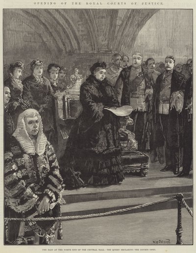 Kraliyet Adalet Mahkemelerinin Açılışı, Merkez Salonun Kuzey ucundaki Dais, Kraliçe Mahkemelerin Açık olduğunu ilan etti by William Heysham Overend