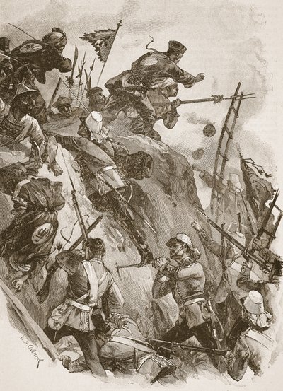 'Rogers içeri girdi, Teğmen Lenon tarafından yardım edildi', Archibald Forbes, GA Henty ve Binbaşı Arthur Griffiths'in 'Ondokuzuncu Yüzyıl Savaşları'ndan bir örnek by William Heysham Overend