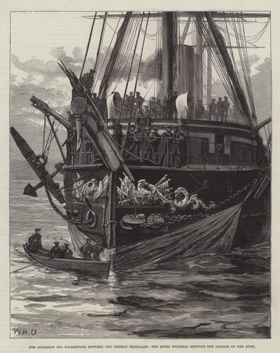 İki Alman Zırhlısı Konig Wilhelm arasındaki Folkestone'un Yaylarının Hasarını Gösteren Çarpışması by William Heysham Overend