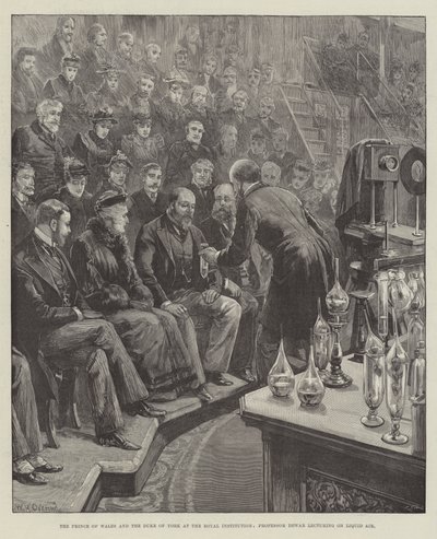 Galler Prensi ve York Dükü Kraliyet Enstitüsünde Profesör Dewar Liquid Air üzerine ders veriyor by William Heysham Overend