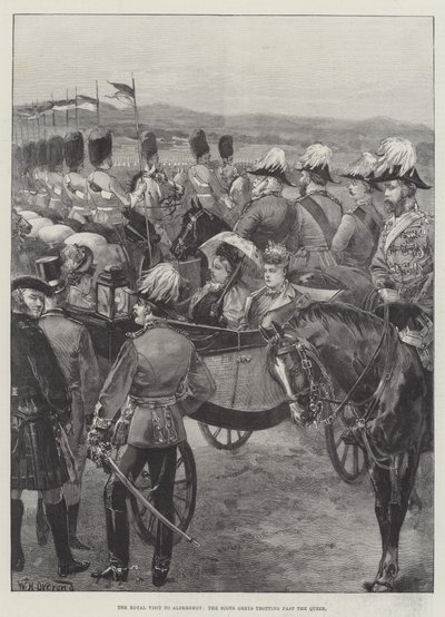 Aldershot'a Kraliyet Ziyareti, İskoç Grileri Kraliçe'yi geçiyor by William Heysham Overend