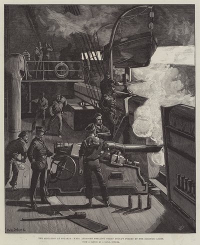 Souakim'deki Durum, HMS Albacore Osman Digna'nın Güçlerini Elektrik Işığıyla Bombardıman by William Heysham Overend