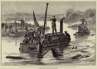 Savaş, Rus Subayların Osmanlı Bayrağını Lütfi Celil'den indiren Türk Silahlı Teknesi Braila yakınlarında battı by William Heysham Overend