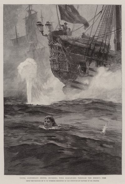 Genç Cloudesley Shovell, düşman ateşinde erlerle birlikte yüzüyor by William Heysham Overend