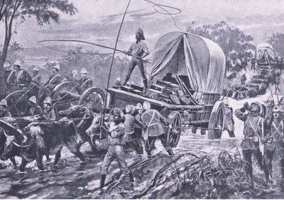Zulu Savaşı: Estowe Yardım Gücü bir dereyi geçiyor, Nisan 1879, İngiliz Kara ve Deniz Savaşlarından bir çizim, 1915 by William Heysham Overend