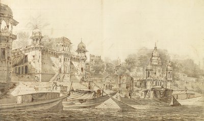 Benares Şehri Kısmının Görünümü, c.1781 (yıkama yuvasına yerleştirilmiş kağıt üzerine kurşun kalemle fırça ve mürekkeple gri yıkama) by William Hodges