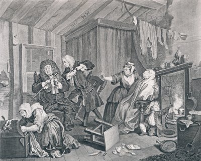Bir Fahişenin İlerlemesi, Beşinci Tabak: Doktorlar Tartışırken Sona Eriyor, 1732 (gravür ve gravür) by William Hogarth
