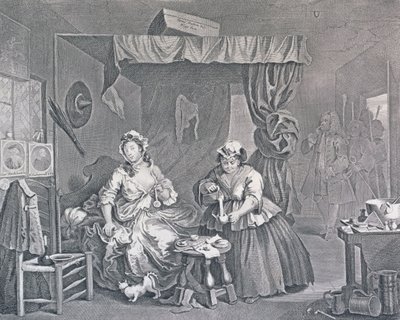 Bir Fahişenin İlerlemesi, Plaka Üç: Bir Sulh Hakimi Tarafından Yakalandı, 1732 (gravür ve gravür) by William Hogarth