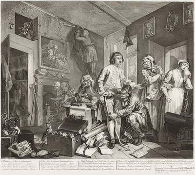 Bir Tırmık İlerlemesi, Levha 1: Mülkünün Mülkiyetinin Alınması Tırmık / Der Weg eines Liederlichen, Blatt 1: Die Erbschaft. 1735 by William Hogarth