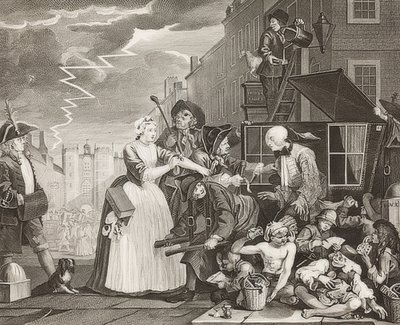 İlerleme, Plaka 4: Tırmık Tutuklandı, Mahkemeye Gidiliyor / Der Weg eines Liederlichen, Blatt 4: Tom Rakewell tutuklandı ve kurtarıldı. 1735 by William Hogarth