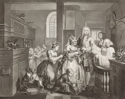 S İlerleme, Levha 5: Yaşlı Bir Kadınla Evlenen Tırmık / Bir Felaket Yolu, Sayfa 5: Tom Rakewell zengin bir yaşlı kadınla evlenir). 1735 by William Hogarth