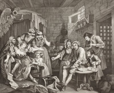 S İlerleme, Plaka 7: Hapishanedeki Tırmık / Bir Ayrıntı Yolu, Sayfa 7: Hapishanede Tom Rakewell. 1735 by William Hogarth