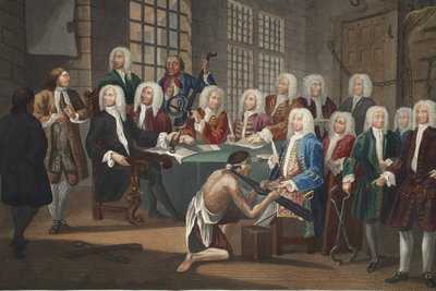 Bambridge, Avam Kamarası komitesi tarafından cinayetten yargılanıyor, 'Hogarth Restore Edildi: Thomas Cook tarafından yeniden oyulmuş ünlü William Hogarth'ın Bütün Eserleri'nden bir örnek, pub. 1812 (el boyaması gravür) by William Hogarth