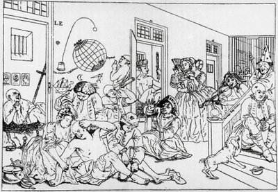 Bedlam akıl hastanesi, William Hogarth (1697-1764) tarafından seri tırmık ilerlemesinden gravür by William Hogarth