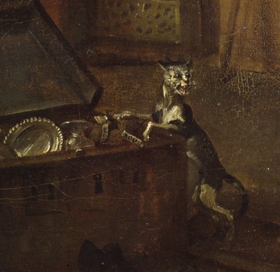 Göğüslü kedi, A Rakes Progress I'den detay: The Rake Mülkünü Ele Geçiriyor, 1733 tuval üzerine yağlıboya 72326 detayı by William Hogarth
