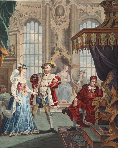 Henry VIII ve Anne Boleyn, 'Hogarth Restore Edildi: Ünlü William Hogarth'ın Bütün Eserleri, Thomas Cook tarafından yeniden oyulmuş', pub. 1812 (el boyaması gravür) by William Hogarth